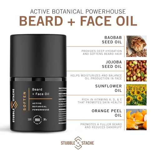stubble & stache Hydrating Beard Oil for Men ? Dual-Use Face & Beard Moisturizer & Conditioner with Baobab, Jojoba & Argan ? Softens Hair, Stops Itch & Dry Skin ? Lightweight Non-Greasy Oil, 1 fl oz