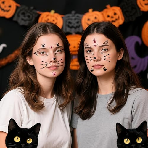 Black Cat Face Gems, Pink Cat Print Jewels, Face Crystal Jewels, Fake Cat Lash Gems Tattoo Eye Stick on for Men, Women, Kids, Halloween Prank Makeup Costume