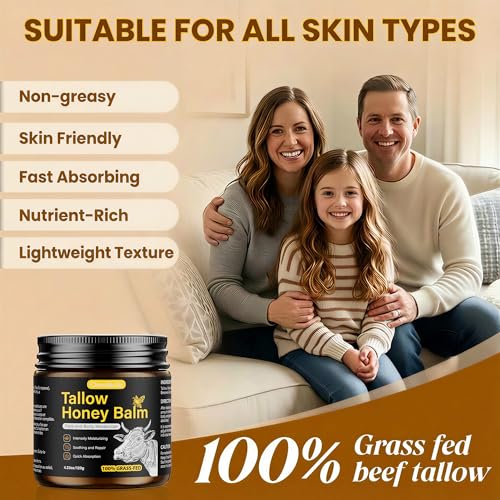 Beef Tallow Honey Balm for Skin,Face,Body - Handmade Whipped Cream Face Moisturizer with 100% Grass-Fed Beef Tallow & Raw Honey,Narural Organic Body lotion for Men&Women,Unscented,4.23OZ