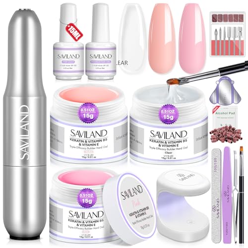 SAVILAND Builder Gel Nail Kit with Nail Drill - 3 Pcs Hard Gels for Nails(VE&VB5&Kerain) Clear Pink Nudes Builder Gel with Lamp Brush Nails Strengthener Gels for Extension Shaping DIY at Home Salon
