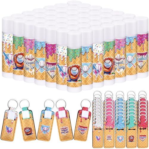 50 Set Ice Cream Drip Baseball Party Favors Gifts Bulk, Baseballs Drip Ice Cream Lip Balms with Lipstick Holder Gifts for Dripping Softball Sports Team Birthday Inspirational for Teen Adults
