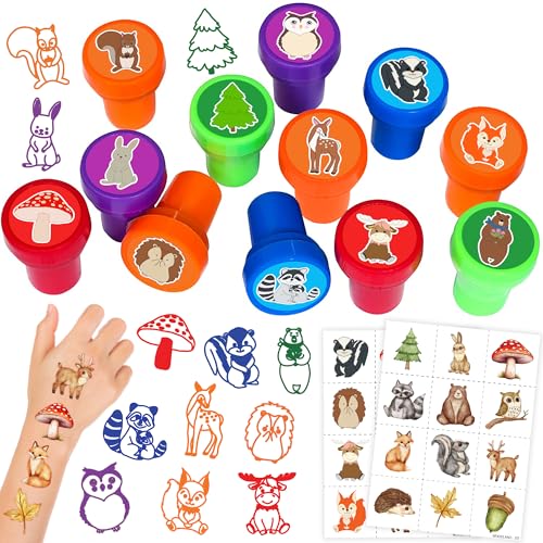 36PCS Woodland Animal Party Favors - 24PCS Pre-Cut Temporary Tattoos & 12PCS Stamps - Ideal Forest Themed Birthday Card Decorations Supplies Goodie Bag Baby Shower Kids Gifts Classroom Rewards Prizes