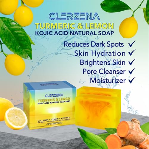 Lemon Turmeric Kojic Acid Soap Bars for Dark Spots | Vitamin C & E, Retinol, Collagen, Tea Tree Oil Face Soap Bars | Natural Soap Bar for Women & Men