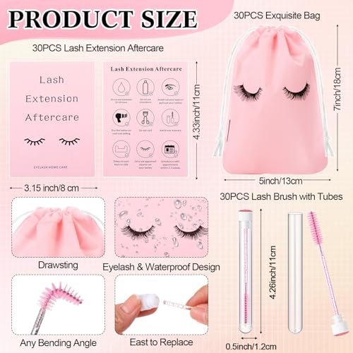 Zhehao 150 Pcs Lash Shampoo Kit Bottle Brushes Bulk 30 Eyelash Dispensers 30 Lash Shampoo Brushes 30 Reusable Aftercare Bag 30 Eyelash Pipes 30 Extension Aftercare Cards(Pink)
