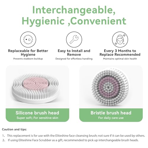 Original Replacement Heads for Eliteshine Face Scrubber and Facial Brush, for Better Skin Health, 1 Silicone and 1 Bristle Head in Package, Food Grade, Easy-to-Clean, Easy to Install