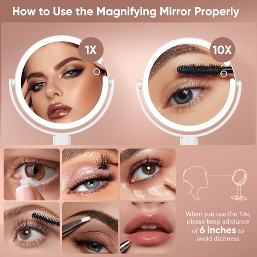 Lighted Makeup Mirror with 10X Magnification, Rechargeable LED Magnifying Vanity Mirror with 3 Lights, Adjustable Height, Storage Base and Phone Holder, Gift for Women, White, 7 inch