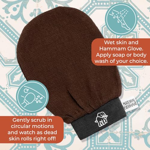 Natural Elephant Exfoliating Hammam Glove - Face and Body Exfoliator Mitt 5 and 10 Packs (3 Orange, 2 Teal (Pack of 5))
