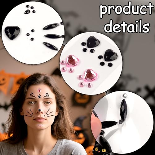 Black Cat Face Gems, Pink Cat Print Jewels, Face Crystal Jewels, Fake Cat Lash Gems Tattoo Eye Stick on for Men, Women, Kids, Halloween Prank Makeup Costume