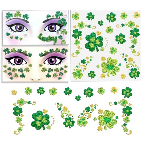 3 Sheets St Patricks Day Face Stickers Glitter Rhinestone Shamrock Face Gems Clover Body Stickers Jewels for Irish Party Favors Parades Accessories St Pattys Day Decorations(gem3)