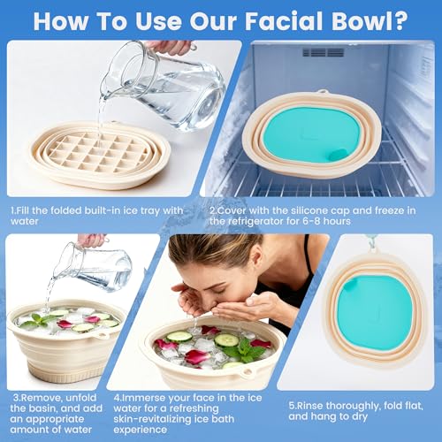 Upgrade Face Bowl for Ice with Built-In Ice Tray Collapsible Silicone Ice Bath Basin with Cover Portable Home Spa Tools for Home or Travel
