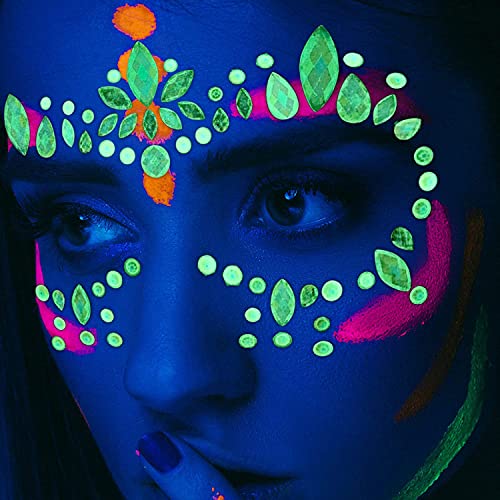 2 Pack Halloween Glow in the Dark Face Jewels Crystal Glitter Stickers, Luminous Tattoo Day of the Dead Gems Jewels Tattoos