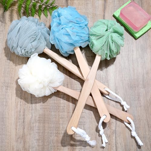 8 Pack Large Bath Puff Loofah Sponge with Long Handle Shower Loofah, Bath Body Back Brush