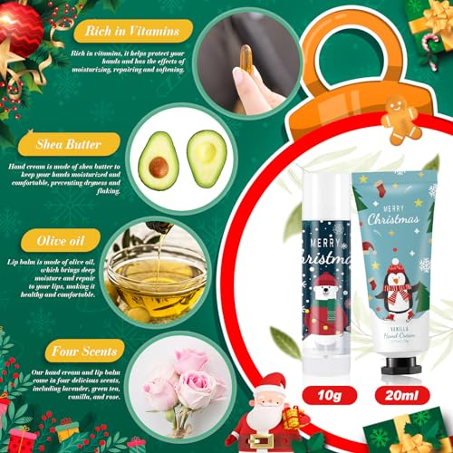 12 Set Christmas Hand Cream Gift Set, Including Moisturizing Hand Lotion, Xmas Lip Balm, Gauze Bags, Thank You Cards Natural Fragrant Bulk Christmas Gifts for Coworkers Employees Stuffers