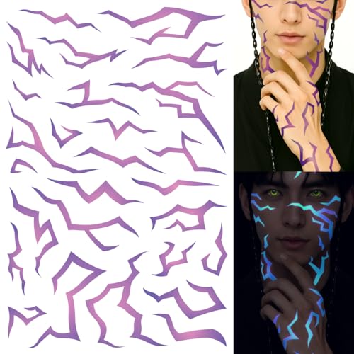 UV Glow Pattern Temporary Tattoos | Purple Demon Energy Pattern | Blacklight Activated Neon Blue | Hunter Cosplay | Fake Tat Stickers | Kpop Birthday, Glow Party, RPD, Halloween