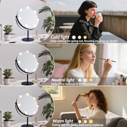 Hollywood Vanity Mirror with Lights, 11.8"x17" Lighted Makeup Mirror for Desk with 7 Led Bulbs, 3 Lighting Modes, Dimmable Light,360¡Æ Rotation for College Dorm, Bedroom & Dressing Room (BLACK)
