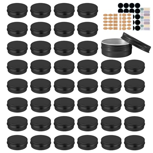 YQ 60 Pack 2oz Tins with Lids, Salve Tins Round Aluminum Tin with Lids, 2 oz Metal Tin Cans with Lid and Label, Refillable Black Containers for Balm,Beads,Weeds,Seeds,Salve,Spices and Homemade Candles