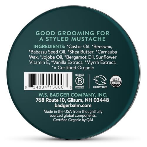Badger Mustache Wax, Medium Hold, Light Masculine Scent, Easy to Apply, Certified Organic Versatile Moustache & Beard Wax, .75 oz Tin, 2-Pack