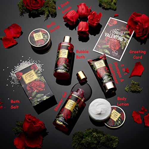 Valentine's Day Gift Basket for Her - Exotic Rose & Spa Bath & Body Set for Women, Anniversary & Birthday Gift with Body Scrub, Bubble Bath, Lotion & More