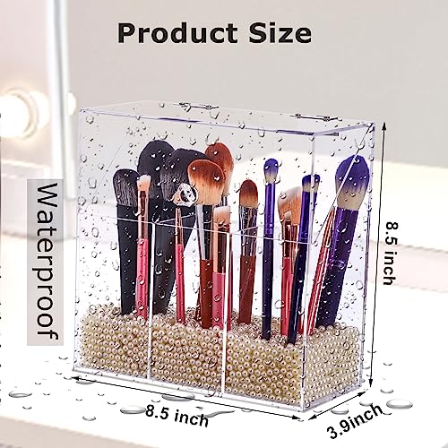Acrylic Makeup Brush Holder with Lid - Clear Cosmetic Make up Brush Organizer and Storage Box with Dustproof Cover for Vanity - Large Capacity 3-Slots Container for Brushes (White)