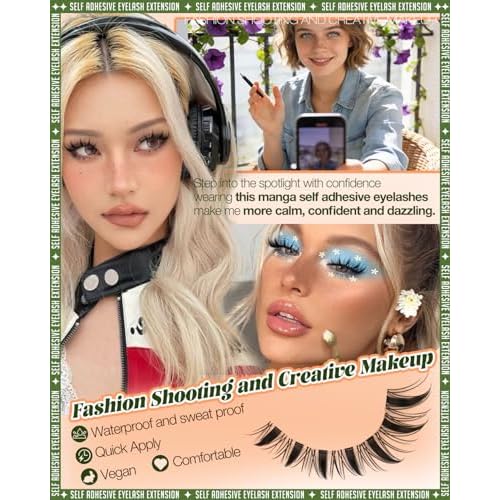 Self Adhesive Lash Clusters Manga Wispy Self Adhesive Eyelashes Invisible Band Anime Eyelash Clusters Spikes Pre Glued Spiky Individuals Lashes Extension Natural 10-16mm No Glue Needed Doll Lashes