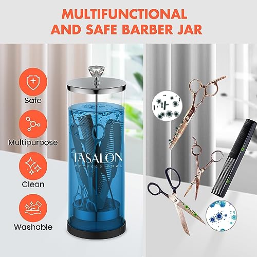 TASALON Barber Jar (45.5 oz) with Crystal Handle - Disinfectant Jar for Salon, Spa and Manicure Shop - Durable Glass and Sterilizing Container with Removable Stainless Steel Basket - Large