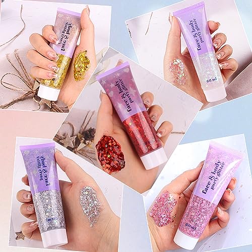 High Capacity 60+60ML Chunky and Fine Mixed Face Body Glitter with Gel for Singer Concerts Rave Party Makeup,Quick Dry and Long Lasting Holographic Iridescent Sequins Glitter Gel (white+pink)