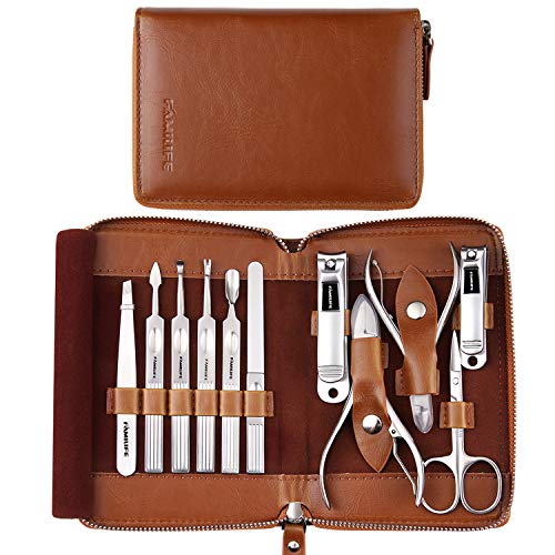 FAMILIFE F03 Manicure Set, Pedicure Kit Nail Clipper Set 13pcs Professional Men Grooming Kit and 11 in 1 Stainless Steel Pedicure Tools Kit Grooming Kit with Portable Brown Leather Travel Case