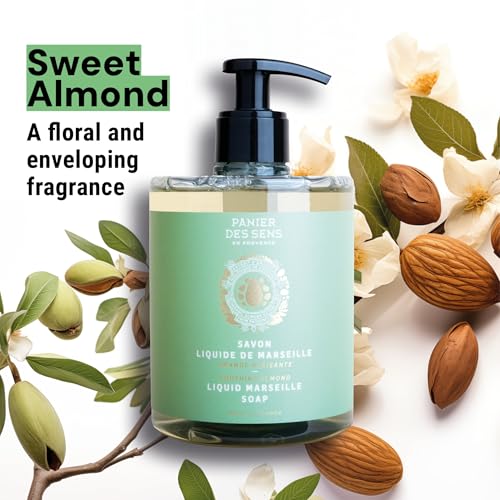 Panier des Sens - Soothing Almond Moisturizing Liquid Hand Soap - French Provence Hand Wash - Savon de Marseille Soap with Olive Oil - Refillable Bottle - 96% Natural Ingredients - 16.9 Fl Oz