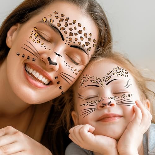 7 Sheets Leopard Face Tattoo Stickers Glitter Cheetah Print Temporary Tattoos Women Body Makeup Accessories for Halloween Costume Party