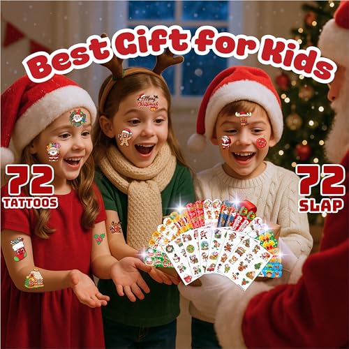 Christmas Party Set (144PCS) | 72 Temporary Tattoos & 72 Slap Bracelets | Fantasy Merry Xmas Party Favors, Stocking Stuffers, Classroom Gifts & Holiday Decorations for Kids