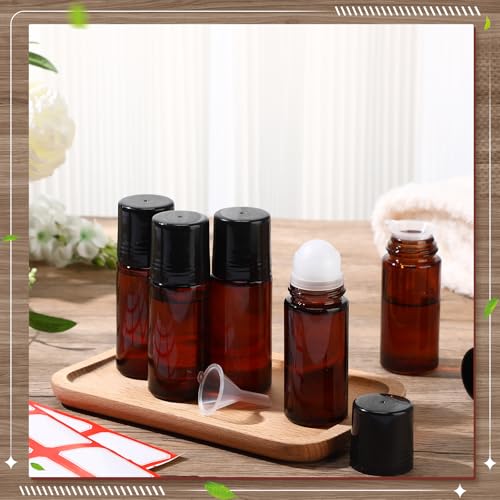 Sumind 24 Essential Oil Roller Bottles Glass Deodorant Bottle Roller Ball Container Empty Refillable Rollerball Bottle with Plastic Balls, Funnel and Sticker (50 ml,Brown)