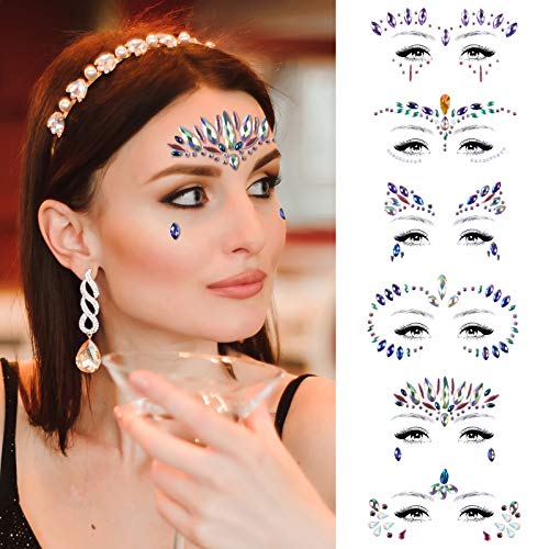 AOMIG Face Gems Glitter, 6 Pcs Rhinestone Face Glitter Stickers, Mermaid Face Jewels Stick On, Crystal Tears Gem Stones Eyes Face Body Temporary Tattoos Stickers for Christmas Makeup Gift
