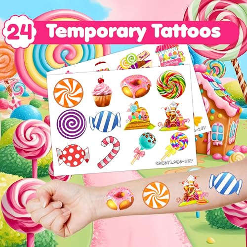 36PCS Candyland Party Favors - 24PCS Temporary Tattoos & 12PCS Stamps - Ideal Sweet Candy Themed Birthday Card Decorations Supplies Goodie Bag Cute Rewards for Boys Girls Classroom Gifts Baby Shower