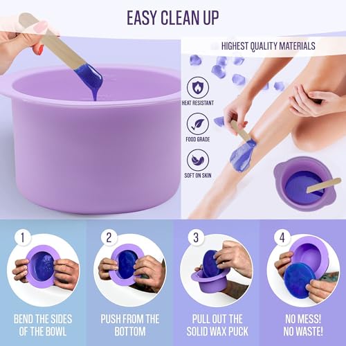 2-pack Silicone Wax Warmer Liner, Silicone Wax Bowl for Wax Warmer, Non-Stick Wax Melt Warmer Wax Pot Replacement, Reusable Wax Melt Liner with 50 Pcs Wax Spatula Sticks for Hair Removal purple