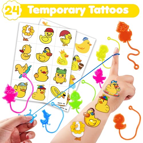 48 PCS Duck Party Favors - 24PCS Temporary Tattoos & 24PCS Stick Hands - Perfect Birthday Favors, Goodie Bag Stuffers, Treasure Box Toys, Classroom Prizes, and Student Gifts