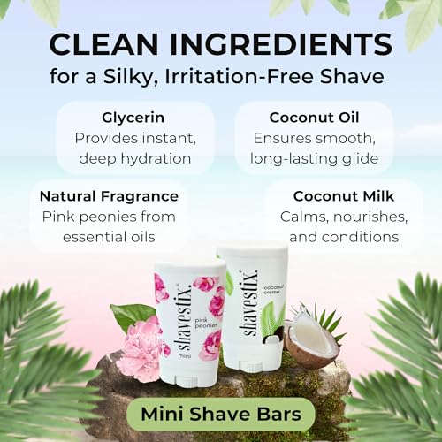Shavestix Travel Shaving Cream Stick Set 0.5 Oz Each | Coconut Cr?me & Pink Peonies Mini Shave Bars| TSA Friendly Toiletries for Women & Men | Alt Shaving Gel, Soap