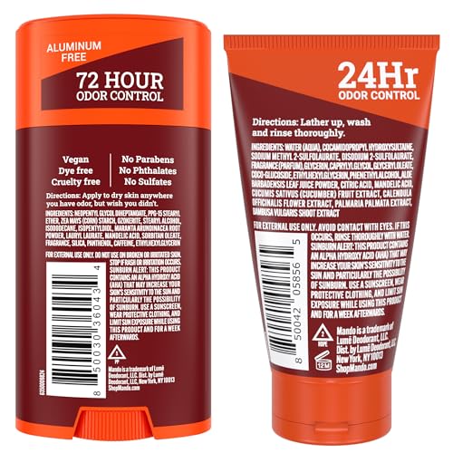 Mando Smooth Solid Stick (2.6 Ounce) + Acidified Body Wash (1.5 Ounce) - Clinically Proven to Block Odor All Day - Whole Body Safe For Pits, Packages + Feet (Bourbon Leather)