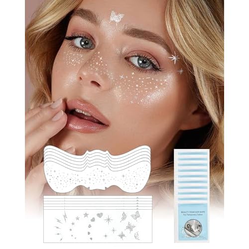 Glitter Freckles Face Tattoo Patches - 12PCS Temporary Sparkle Face Stickers with 10 Remover Wipes | Waterproof Festival Rave Party Makeup Accessories for Women Girls (Silver)