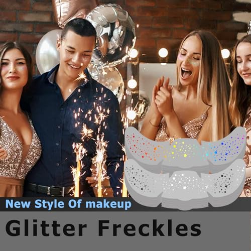 12pcs Holographic Rainbow & Silver Glitter Freckles Face Tattoo, Waterproof Sparkle Face Glitter Speckles Patches for Women, Cute Star Temporary Tattoo Fairy Makeup Accessories for Rave