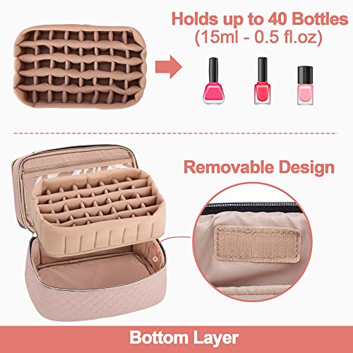 Yarwo Nail Polish Organizer Case Holds 50 Bottles(15ml/0.5 fl.oz) and Nail Lamp, Double Layers Nail Polish Bag with Adjustable Dividers for Nail Art Tools, Dusty Rose (Bag Only, Patent Design)