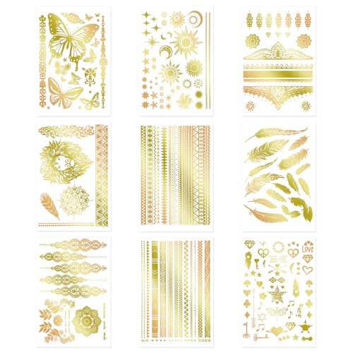 9pcs Gold Temporary Tattoos, 8.3x5.8in Tattoo Stickers Metallic Butterfly Star Moon Feather Waterproof Tattoos Stickers for Women Girls Parties Festivals Makeup Cosplay Accessories (Style B)