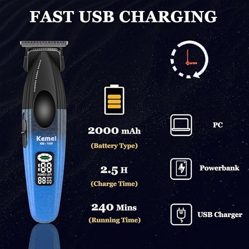 KEMEI 1669 Beard Trimmer for Men, Cordless Hair Trimmers with LED Display, 9000 RPM Hair Clippers for Barber with Charging Base, DLC Coated T-Blade