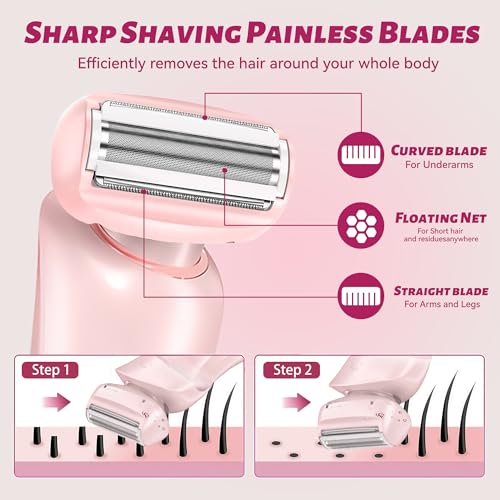 2 in 1 Electric Shaver for Women Wet Dry Dual Use IPX7 Waterproof with LED Display USB Recharge Dock Dry Use Body Hair Trimmer and Facial Hair Remover for Bikini Underarm Leg Arm Face (Pink)