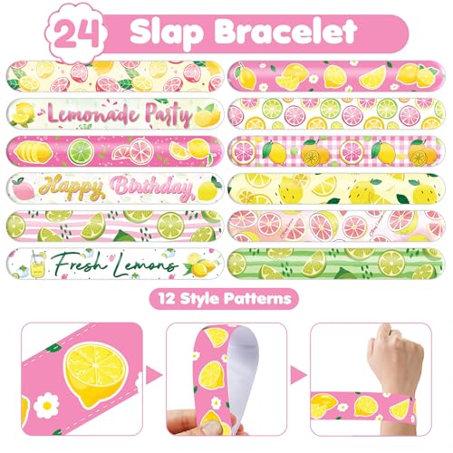 72 PCS Lemonade Party Favors - 48 Temporary Pre-Cut Tattoos & 24 Slap Bracelets - Pink Yellowe Lemon Party Favors for Boys & Girls, Birthday Goodie Bag Fillers, Baby Shower Gifts, Classroom Rewards