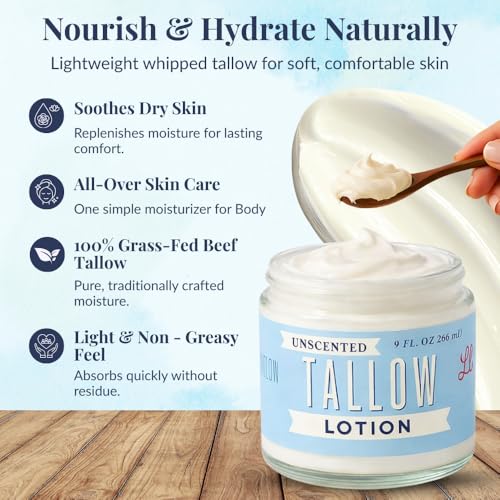 Unscented Tallow Lotion ? 9oz Pure, Preservative-Free One Ingredient Moisturizer