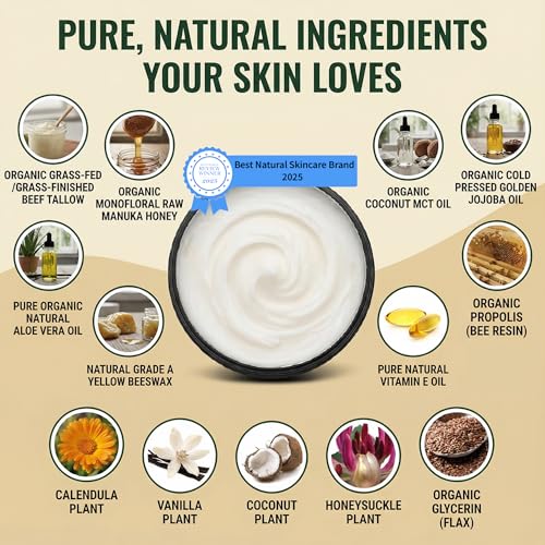 Natural Organic Tallow Balm For Skin That Rejects Synthetic Lotion - Handmade Beef Tallow and Manuka Honey Balm Face Moisturizer for Dry Cracked Hands and Aging Skin - Award Winning
