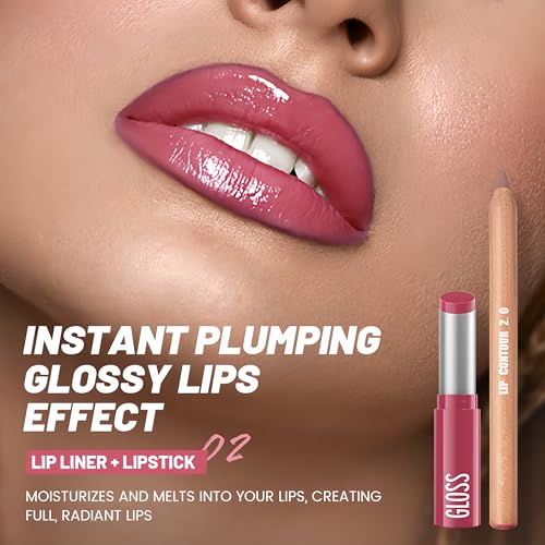 2PCS Lip Liner and Lipstick Combo Set, 2 in 2 Waterproof Lip Liner Long Lasting Lipstick Set, Matte Lipliner Pencil & Hydrating Lip Gloss Makeup Kits for Women (201)