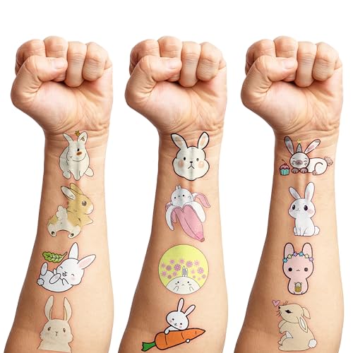Bunny Temporary Tattoos 8 Sheets 85PCS Rabbit Bunny Party Decorations Favors Supplies Easter Bunny Theme Birthday Cute Tattoo Stickers Christmas Gifts for Boys Girls Kids Class School Prizes Carnival