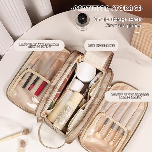 Travel Toiletry Bag for Women Men, Large Travel Toiletry Organizer Makeup Bag, Hanging Cosmetic Bag dopp kit Leather skin care Waterproof Shaving Bag for Toiletries Accessories (beige)