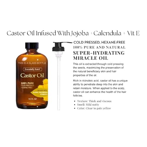 Essentially KateS Castor Oil 16 Fl Oz (Glass Bottle) - Jojoba + Calendula + Vitamin E - A Huge Glass Bottle with a Pump - 100% Pure and Natural, Cold Pressed, and Hexane-Free - Hair, Body